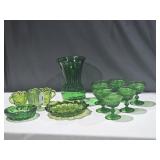 Green Glass Lot: Vase, Ash Trays, Glasses, Sugar