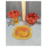 Vtg. Red/Orange Glass Hobnail Ruffled, Fenton