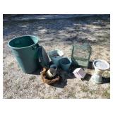 Outdoor: bird houses, flower pots, trash can
