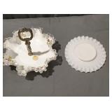 Fenton ruffed hand painted milk glass dish  and