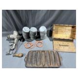 (15) Zinc Ball Lids, Cast Iron Corn Pan, Meat