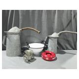 (2) galvanized oil cans, Amstel Beer ashtray,