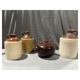 (3) stoneware whiskey jugs & (1) stoneware pot &