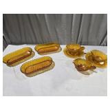 Tiara Amber Glass Celery Dishes, Gravy Boats