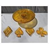 Tiara Amber Glass Serving Tray & (4) Trinket Dishs