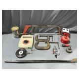Assorted tools pry bar, hand saw, 50 FT. Measure