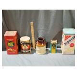 Vintage tin advertising and milk crock