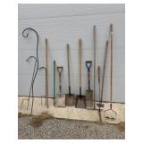 Handled Garden Tools & 3 Shepherds Hooks