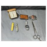Imperial pocket knife, Belt buckles, desk clock &