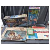 Board games battleship, Ker plunk, monopoly,