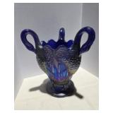 Carnival Iridescent Cobalt Blue Glass Swan Vase