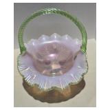 Fenton Rosemilk w/ Green Apple Handle Footed