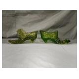 Two Fenton Glass boots both green one hobnail one
