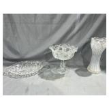 Glass oval devided dish, glass compote,& vase