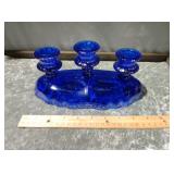 Vtg cobalt blue 3 candle glass candle stick