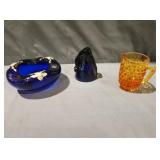 Cobalt blue painted floral ashtray or dish
