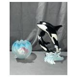Orca Killer Whale statue& blue waved dish w/glass