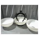 Cast iron Light fixture & two white glass lamp