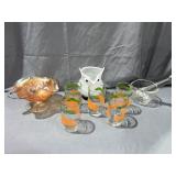 Double handed orange Bowl, (5) Orange Glasses, &