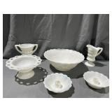 Milk Glass Creamer, Sugar dish, candle sticks &
