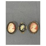 (3) Craved Cameo Gold Tone Brooches