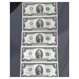Set of 5 Uncirculated Sequential $2 Dollar Bills