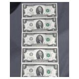 Set of 5 Uncirculated Sequential $2 Dollar Bills