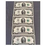 Set of 5 Uncirculated Sequential $2 Dollar Bills