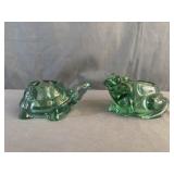 Indiana Glass Green Turtle & Frog Candle Holders