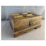 Antique Folk Art Brass Elephants Wood Storage Box