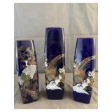(3) Japanese Blue Glaze Golden Pheasant Porcelain