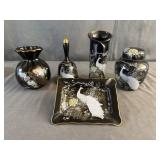 (5) Japanese Black Glaze White Peacock Porcelain