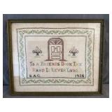 Framed 1928 Needlepoint Sampler Alvord & Smith