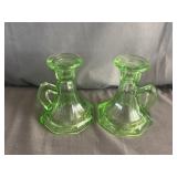 (2) Green Depression Glass Candlestick Holders w/
