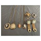 7 Vintage Cameo Costume Jewelry& 1 Sterling