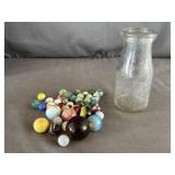 (40) Glass Marbles, (1) Glass Dairy Bottle