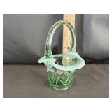 Fenton Art Glass Green Mini Handled Basket