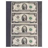 (4) 2013 $2 Bill Sequential Serial Number