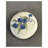 Unmarked Silver Bezel Broach w/ Porcelain Blue