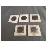 (5) Antique Canada 1 Cent Coins 1903-1915