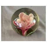 Vintage Art Glass Pink Flower Paper Weight Sphere