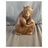 Hand Carved Wood Mother & Baby Monkey Statue