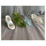 (3) Art Glass Slippers & (1) Porcelain Slipper