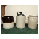 Salt Glazed whisky jug, butter churn, & crock