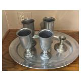 Pewter Candle Stick, (4) Tumblers & Server Tray