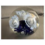Bart Zimmerman Glass Art Blue Floral Paperweight