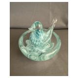 Joe Rice Glass Art Teal Bird in Bath Paperweight