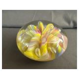 Joe Rice Glass Art Yellow/Pink Swirl Paperweight