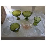 Pedestal Bowls: Green, Pink, Clear Glass, &