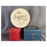 vintage Film Reel Box, White Fruit Cake Tin& Red
